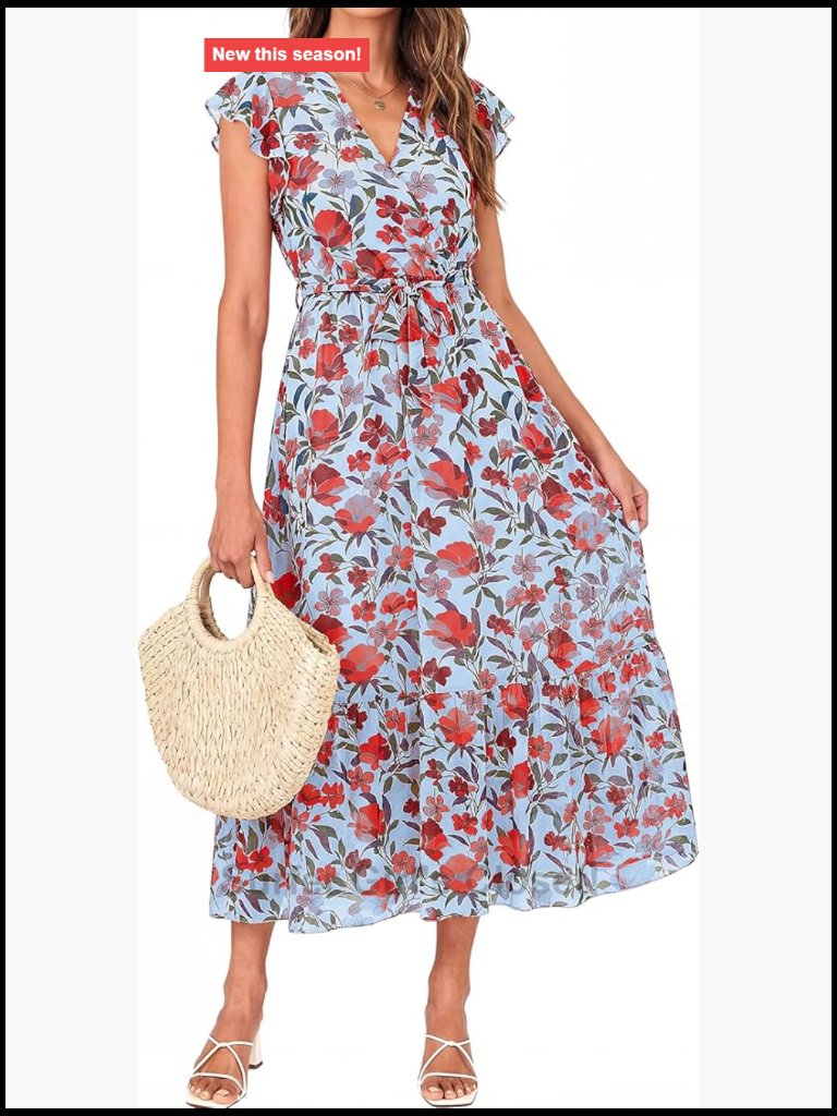Women's Boho Wrap V Neck Cap Sleeve A-Line Midi Dress With Belt